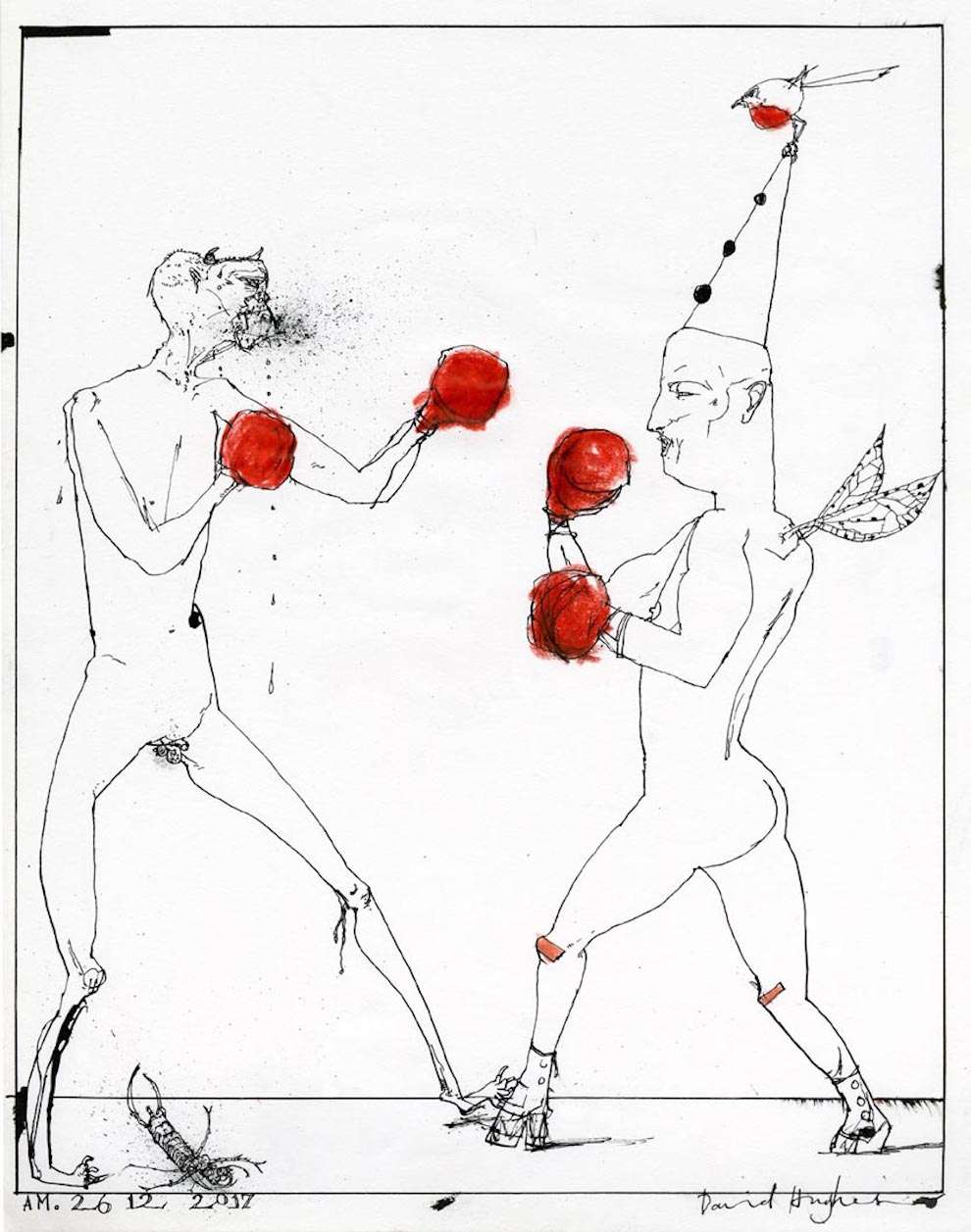 David Hughes, Hand-drawn line illustration of a boxing match between a man with a satan's head and another man with a birthday hat and fairies wings. 